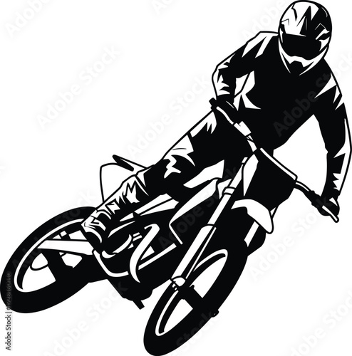 Black and white motocross rider silhouette drawing flat vector illustration of a motorcycle stunter in gear