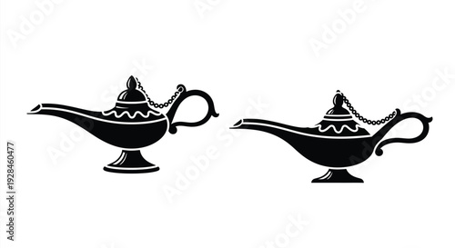 Two ornate magic lamps presented in a striking black silhouette