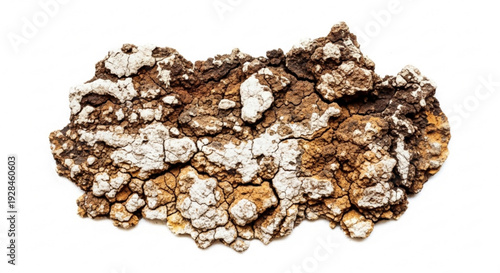 Detailed view of lichen on tree bark with white brown and orange patches on a plain background