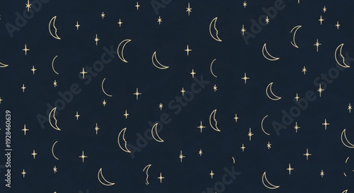Celestial night sky pattern with crescent moons and stars on dark blue background ideal for design projects and nighttime themes