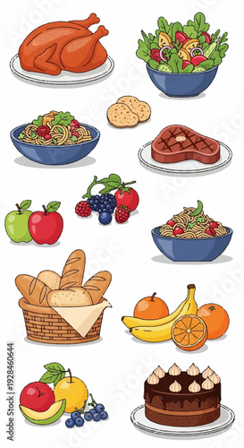 Assorted cartoon food items including roasted chicken, salads, fruits, and desserts.