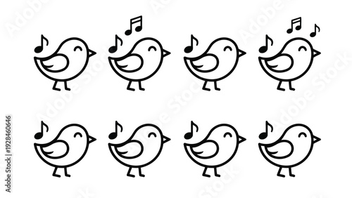 A collection of eight stylized birds facing different directions in a row. Vector