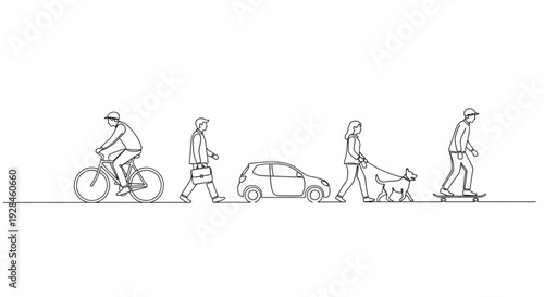People walking cycling and commuting in an urban environment with a car and dog