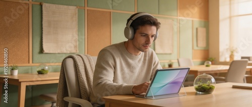 A young man wearing headphones works on a tablet in a modern, cozy workspace with natural light and minimalist decor.