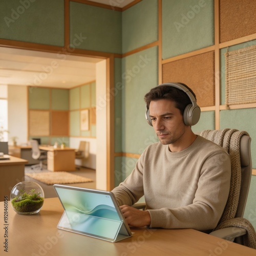 A focused man wearing headphones works on a tablet at a tidy desk in a modern, softly lit office with natural decor.