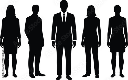 Group of diverse professional silhouettes, five figures in business and casual attire, central suit and tie, teamwork, corporate identity illustration