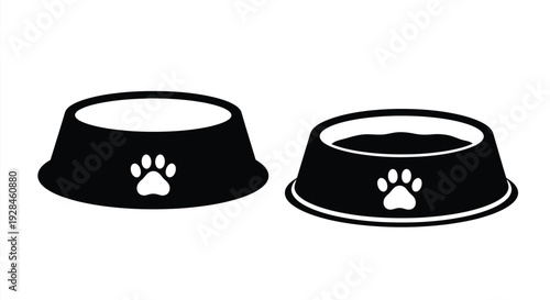 Two black pet bowls with paw prints a stark silhouette