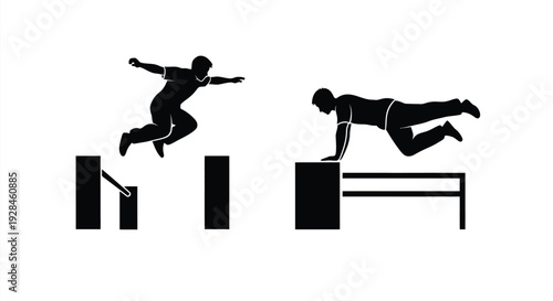 A dynamic parkour scene depicting athletic movement stark silhouette