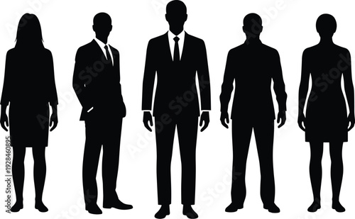 Group of professional business silhouettes, five figures in formal attire, suits and dresses, corporate identity, teamwork representation, workplace diversity illustration.