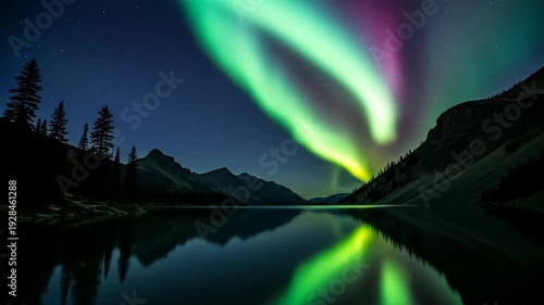 Aurora borealis illuminates a mountain lake, trees reflect on still, dark waters