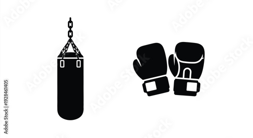 Boxing gear illustration featuring a punching bag and gloves silhouette