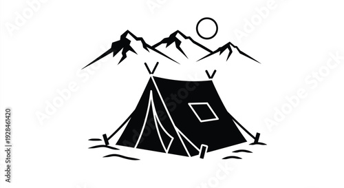 Camping scene with a tent and mountains in stark silhouette
