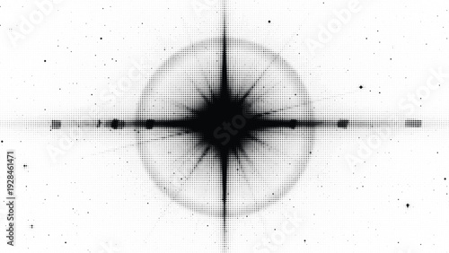 Abstract starburst pattern, black center with radiating lines on halftone dots background, space exploration, deep impact, cosmic event, explosion graphic, bright light