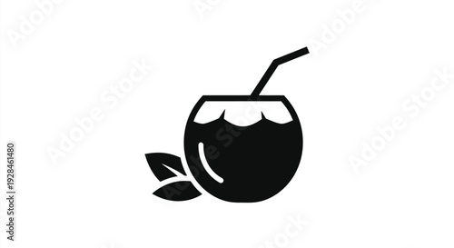 Black silhouette of a coconut drink with a straw and leaf