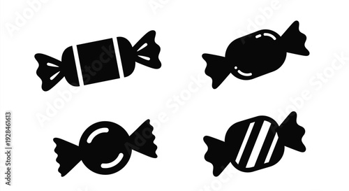 Four black candy shapes displayed on a white background silhouette