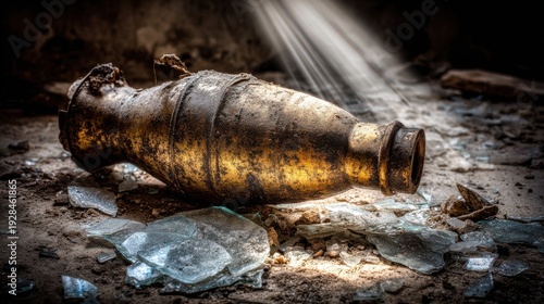 Tarnished Brass Shell Casing Amidst Shattered Debris Illuminated by Dramatic Light Rays