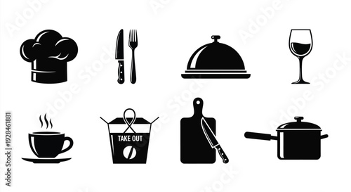 Culinary icons including a chef s hat cookware and dining elements silhouette