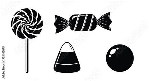 Black and white candy illustrations with a conical hat silhouette