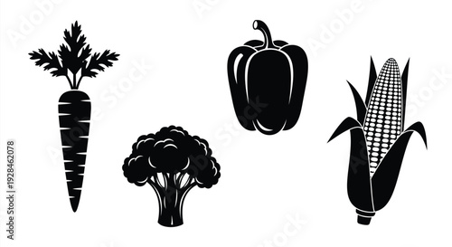 Black silhouettes of various vegetables arranged on a white background silhouette