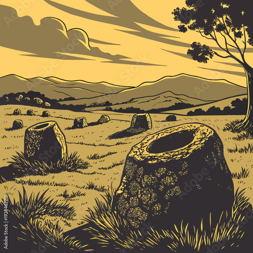 Ancient stone jars scattered across grassy.