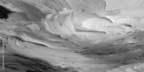 An abstract winter landscape features a textured old wood background merging with an old stone wall and frozen white ice over black mountain rock