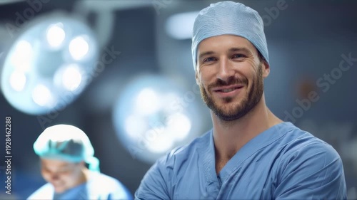 Smiling Caucasian male surgeon in blue scrubs and surgical cap stands confidently in a modern operating room with bright lights.