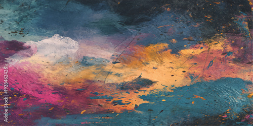Abstract grunge background featuring colorful watercolor stains and a textured pattern of fire smoke and clouds in vibrant orange and blue design