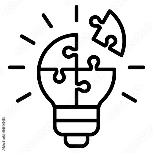 Simple black line art illustration of a lightbulb composed of puzzle pieces, symbolizing innovative ideas and creative problem solving for business and personal growth
