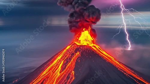 Volcanic eruption sends lava and ash into the sky, accented by bright lightning strikes