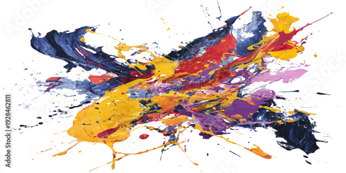 An artistic vector design featuring an abstract watercolor background with colorful ink splashes, paint splatters, and liquid brush stains as decorative elements on a white blot pattern