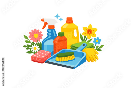 A colorful vector illustration of various cleaning supplies including a spray bottle, detergent, sponge, dustpan, and brush, decorated with bright flowers and sparkles on a black background.