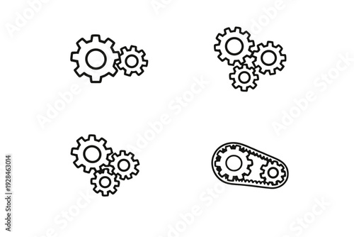 A collection of four black and white gear icons showing different mechanical configurations, including interlocking cogs and a belt drive system on a plain white background.