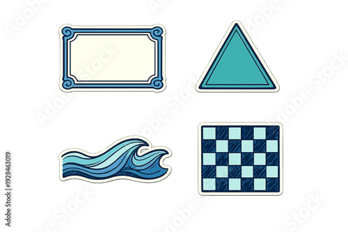 A collection of four graphic stickers featuring a rectangular ornate frame, a teal triangle, a stylized blue ocean wave, and a checkered square on a black background.
