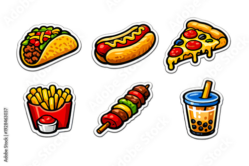 A collection of six colorful fast food stickers featuring a taco, hot dog, pizza slice, french fries, meat skewer, and bubble tea, all with bold outlines and white borders.