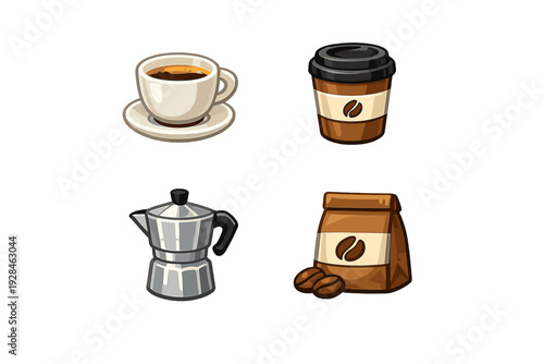 A set of four coffee-related icons featuring a white ceramic cup of espresso, a brown takeaway cup, a silver moka pot, and a brown paper bag of coffee beans on a black background.