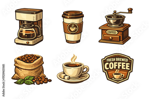 A collection of six coffee-themed illustrations including a drip machine, a paper cup, a manual grinder, a sack of beans, a steaming cup with sugar cubes, and a vintage-style logo.