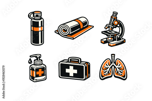 A collection of six health and science icons including a water bottle, yoga mat, microscope, hand sanitizer, first aid kit, and human lungs in an orange and black graphic style.