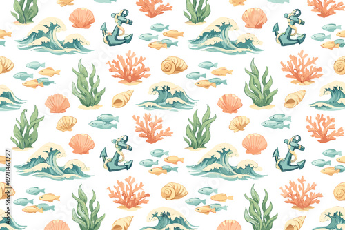 A seamless pattern featuring nautical elements like waves, anchors, coral, seaweed, seashells, and small fish on a black background. The style is an illustrated watercolor aesthetic.