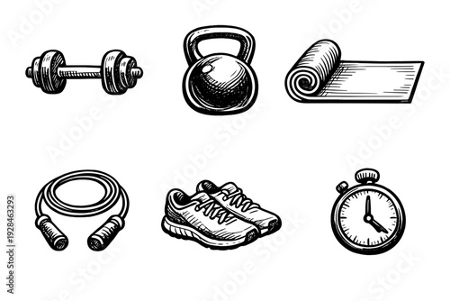 A collection of six hand-drawn fitness equipment icons including a dumbbell, kettlebell, yoga mat, jump rope, sneakers, and a stopwatch, presented in a black and white sketch style.