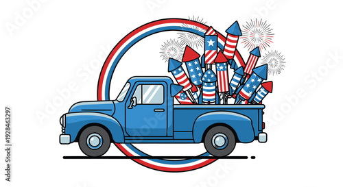 Patriotic pickup truck with fireworks