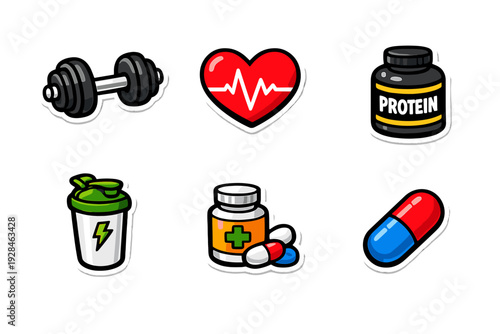 A collection of fitness and health stickers featuring a dumbbell, a heart with a pulse line, protein powder, a shaker bottle, a medicine bottle, and a capsule on a black background.