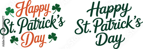 Happy St. Patrick's Day Typography Vector Design Set with Green Shamrocks and Orange Text