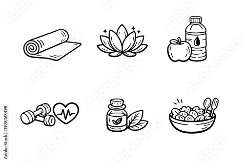 Six minimalist black and white doodle icons depicting healthy lifestyle elements like a yoga mat, lotus, water, apple, dumbbells, heart rate, essential oil bottle, and a bowl of salad.