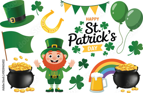 St. Patrick's Day Vector Illustration Set with Leprechaun, Shamrocks, Pot of Gold, and Holiday Text