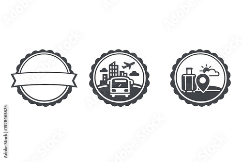 Three circular travel icons featuring a blank banner, a city with a bus and airplane, and a suitcase with a location pin. Ideal for tourism and transportation design projects.