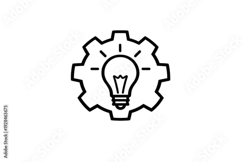 A minimalist black and white line art illustration featuring a light bulb centered inside a mechanical gear, symbolizing innovation, engineering, and creative problem-solving concepts.