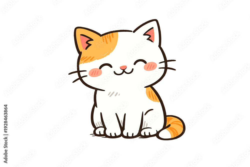 Obraz premium A cute cartoon cat with white and orange fur sits against a black background. The smiling kitten features pink cheeks and closed eyes in a simple hand-drawn illustration style.