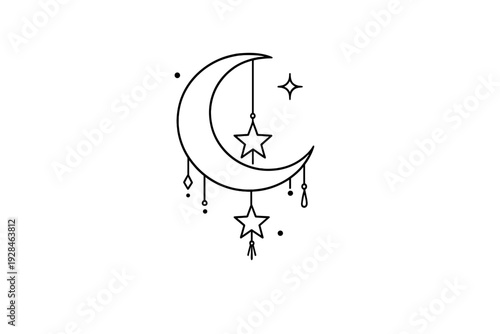 Minimalist white line art illustration featuring a crescent moon adorned with hanging stars and celestial ornaments, all set against a solid black background.
