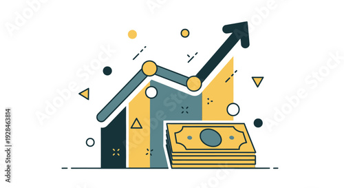 Financial growth chart with rising arrow and currency.