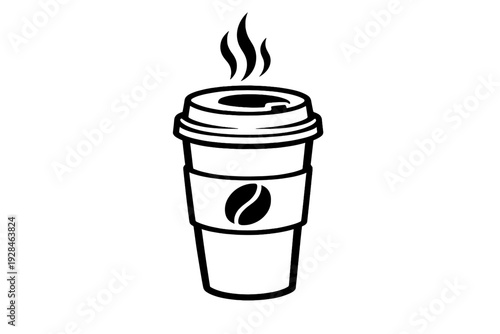 This minimalist line art illustration depicts a takeout coffee cup with a lid and a sleeve. Wisps of steam rise from the top, all set against a dark, solid black background.